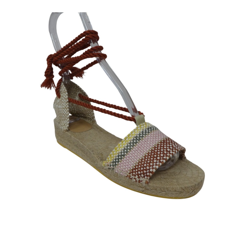 Castaner Espadrille Sandals Women 38 Multi Rust Woven Ankle Tie Tassel Jute